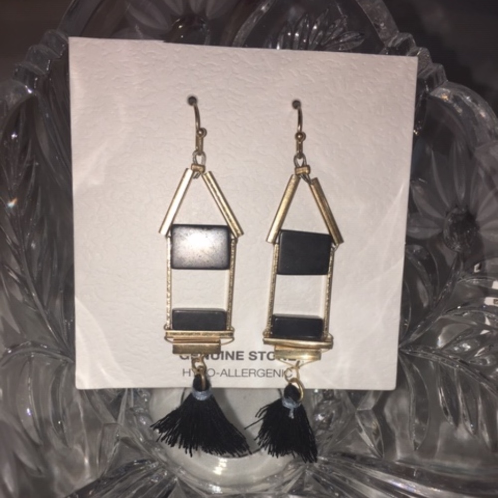 Gold Tone Black Stone & Tassel Earrings New